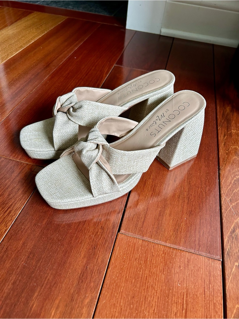 Metallic Beige Knotted Block Heel Sandal